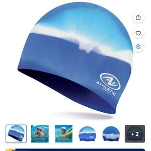 Athletic Works Junior Silicone Swim Cap white & blue Latex free Hydrodynamic